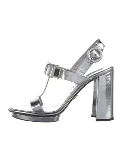 Pre-owned Prada Leather Bow Accents Slingback Sandals In Silver