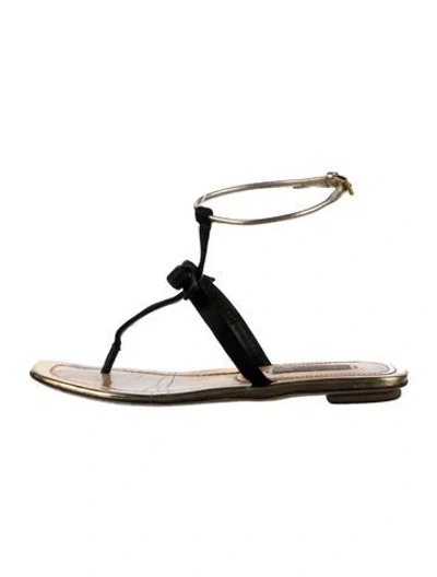 Pre-owned Prada Leather Bow Accents T-strap Sandals In Gold