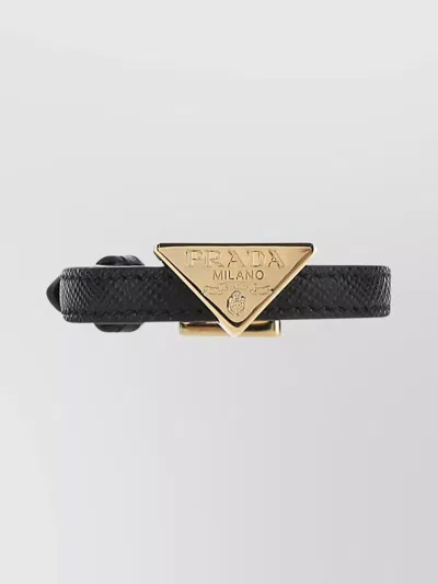 Prada Leather Bracelet With Adjustable Fit And Gold-tone Hardware In Black