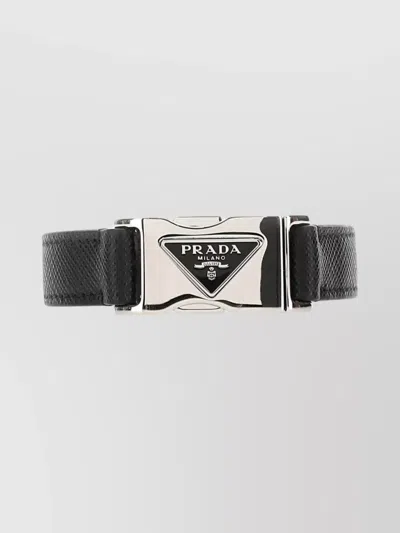 Prada Leather Bracelet With Adjustable Fit And Metal Hardware In Blue