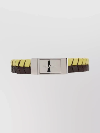 Prada Leather Braid Duo Bracelet In Yellow