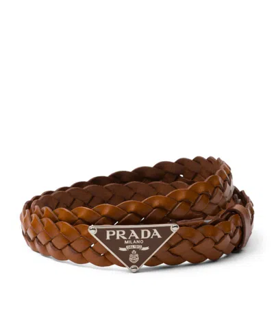 Prada Leather Braided Logo Belt In Black