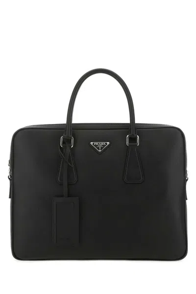 Prada Leather Brief Case 36cm X 27cm X 4.5cm With Adjustable Shoulder Strap In Black