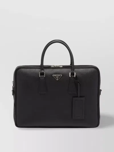 PRADA LEATHER BRIEFCASE WITH DETACHABLE STRAP AND TOP HANDLES