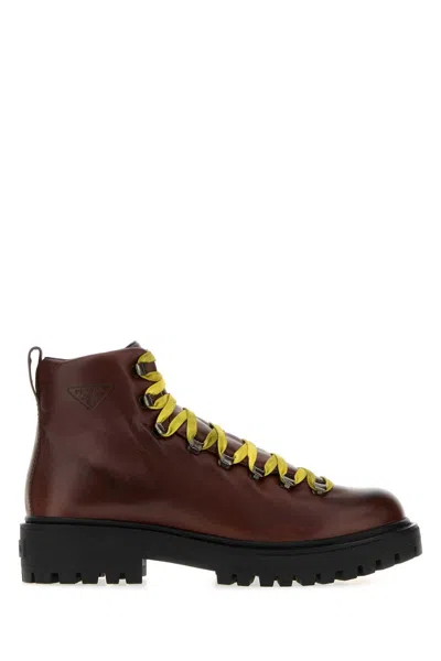 Prada Leather Brixxen Ankle Boots In Brown