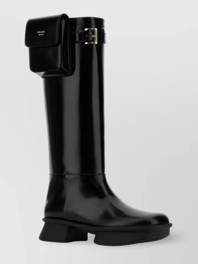 Prada Leather Buckle Chunky Sole Knee-high Boots In Black