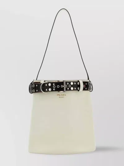 Prada Leather Buckle Shoulder Bag With Metal Eyelets In White