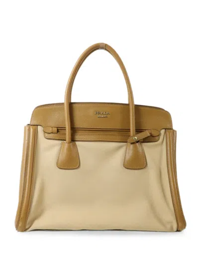Pre-owned Prada Leather Canvas Tote Bag In Neutral