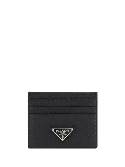 Prada Leather Card Case With Triangular Logo Plaque Card Case In Black