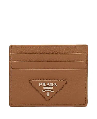 Prada Triangle Logo Leather Card Holder In Brown