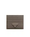 Prada Leather Triangle Card Holder In Bamboo Gray