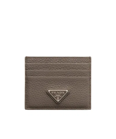 Prada Leather Card Holder In Bamboo Gray
