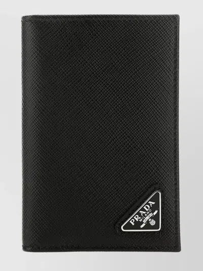 Prada Leather Card Holder Bifold Design Textured Finish In Black
