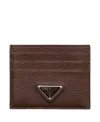 Prada Leather Card Holder Featuring Contrast Panel In Brown