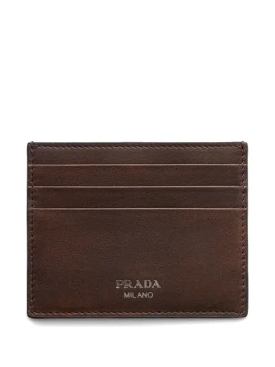 Prada Leather Card Holder In Brown