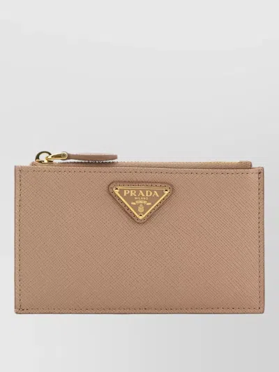 Prada Leather Card Holder Gold Tone Hardware In Brown
