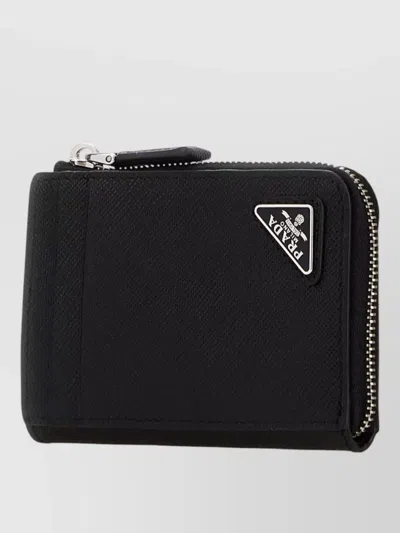 Prada Leather Card Holder Textured Finish Design In Black