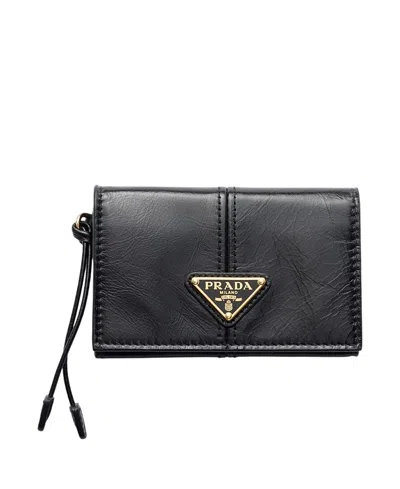 Prada Leather Card Holder With Flap In Black