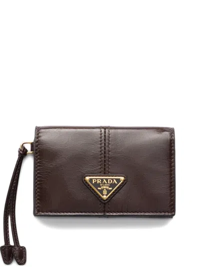 Prada Leather Card Holder With Flap In Brown