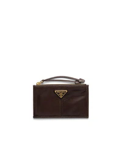 Prada Leather Card Holder With Zipper In Brown