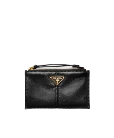Prada Leather Card Holder With Zipper In Black