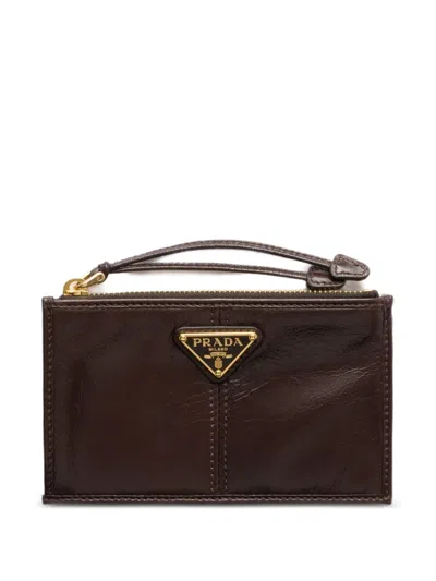 Prada Leather Card Holder With Zipper In Brown