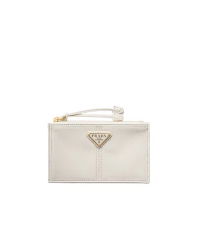 Prada Leather Card Holder With Zipper In White