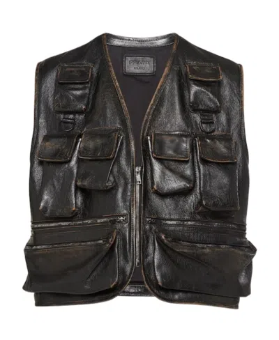 Prada Leather Cargo Gilet In Black