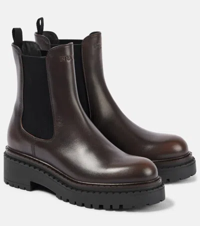 Prada Leather Chelsea Boots In Dark Brown