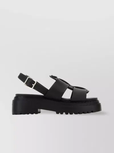 Prada Leather Chunky Sole Sandals With Cross Strap In Black