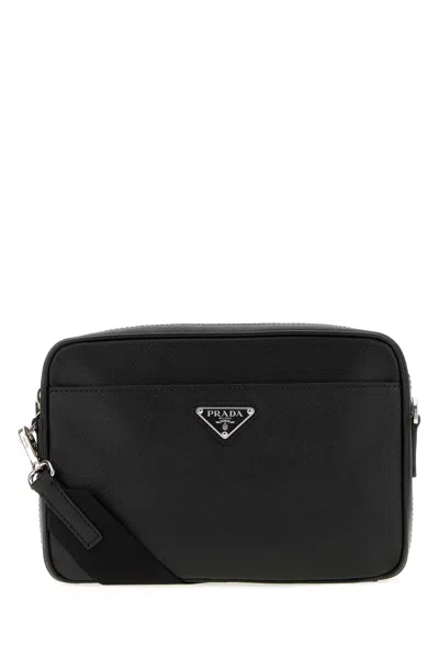 Prada Leather Clutch Bag With Adjustable Shoulder Strap 25cm X 17cm X 6cm In Black