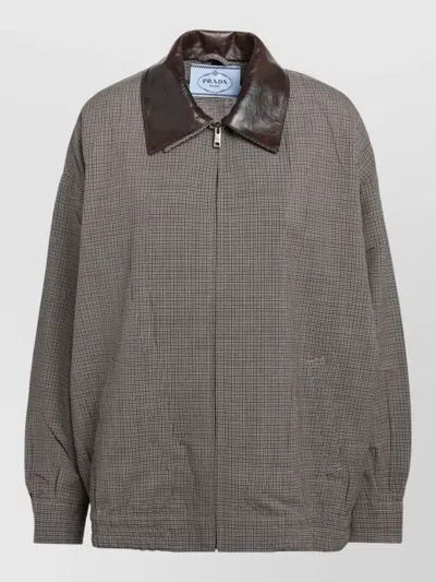Prada Leather Collar Check Jacket Long Sleeves In Gray