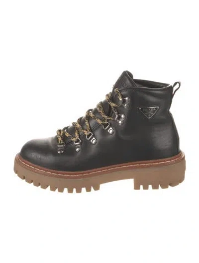 Pre-owned Prada Leather Colorblock Pattern Combat Boots In Black