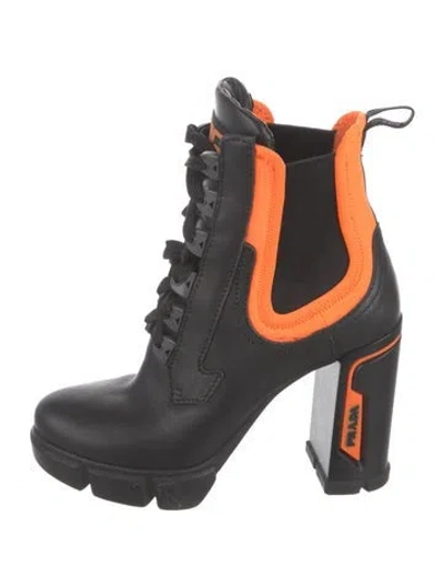 Pre-owned Prada Leather Colorblock Pattern Lace-up Boots In Black
