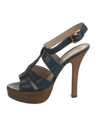 Pre-owned Prada Leather Colorblock Pattern T-strap Sandals In Blue