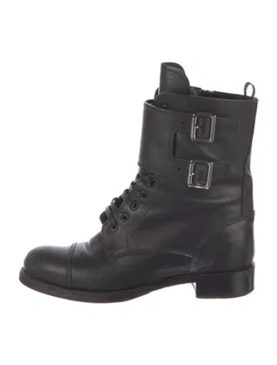 Pre-owned Prada Leather Combat Boots In Black