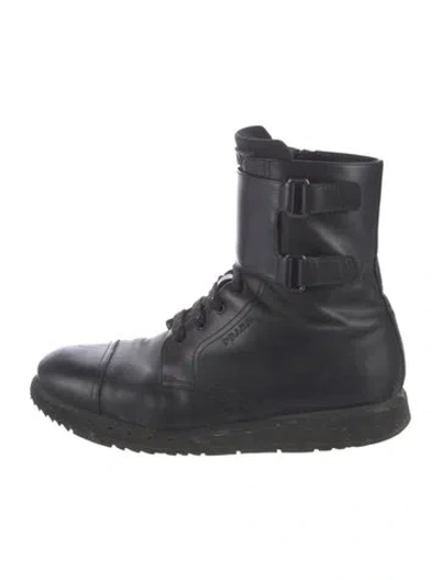 Pre-owned Prada Leather Combat Boots In Black