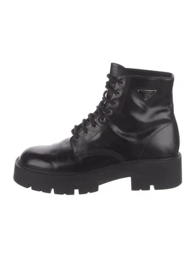 Pre-owned Prada Leather Combat Boots In Black