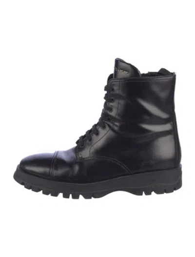 Pre-owned Prada Leather Combat Boots In Black