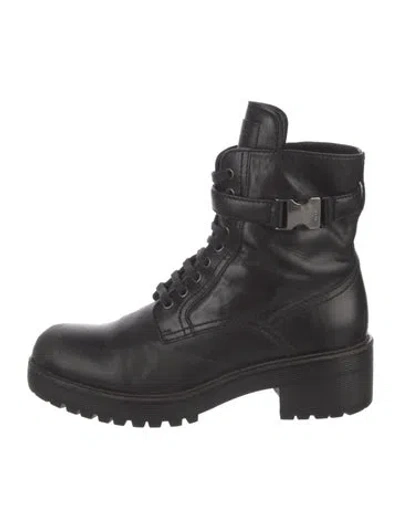 Pre-owned Prada Leather Combat Boots In Black