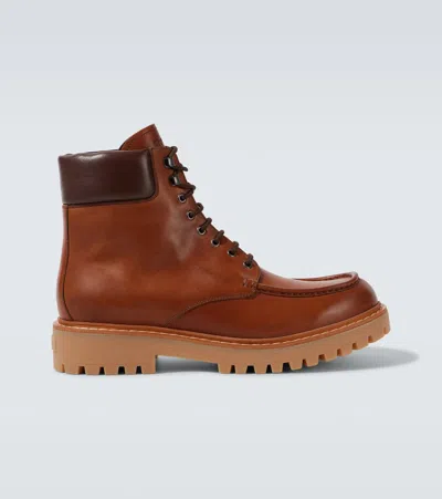 Prada Leather Combat Boots In Cognac