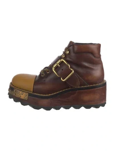Pre-owned Prada Leather Combat Boots In Brown