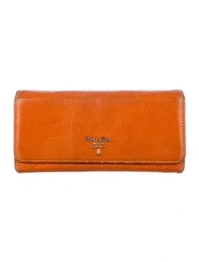 Pre-owned Prada Leather Continental Wallet In Orange