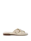 Prada Leather Crisscross Slides With Buckle In Neutral