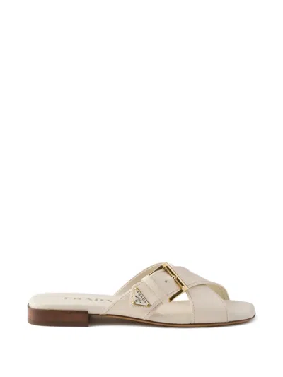 Prada Leather Crisscross Slides With Buckle In Neutral