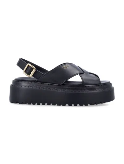 Prada Leather Crisscross Sandals In Black