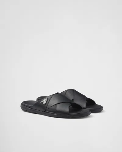 Prada Triangle Logo Criss-cross Sandals In Black