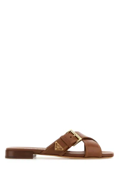 Prada Leather Crisscross Slides With Buckle In Brown