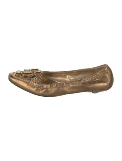 Pre-owned Prada Leather Crystal Embellishments Ballet Flats In Gold