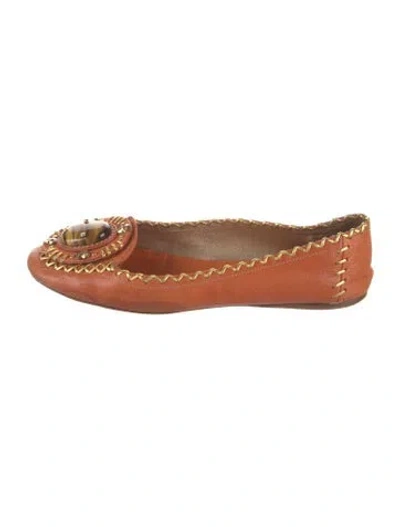 Pre-owned Prada Leather Crystal Embellishments Ballet Flats In Orange
